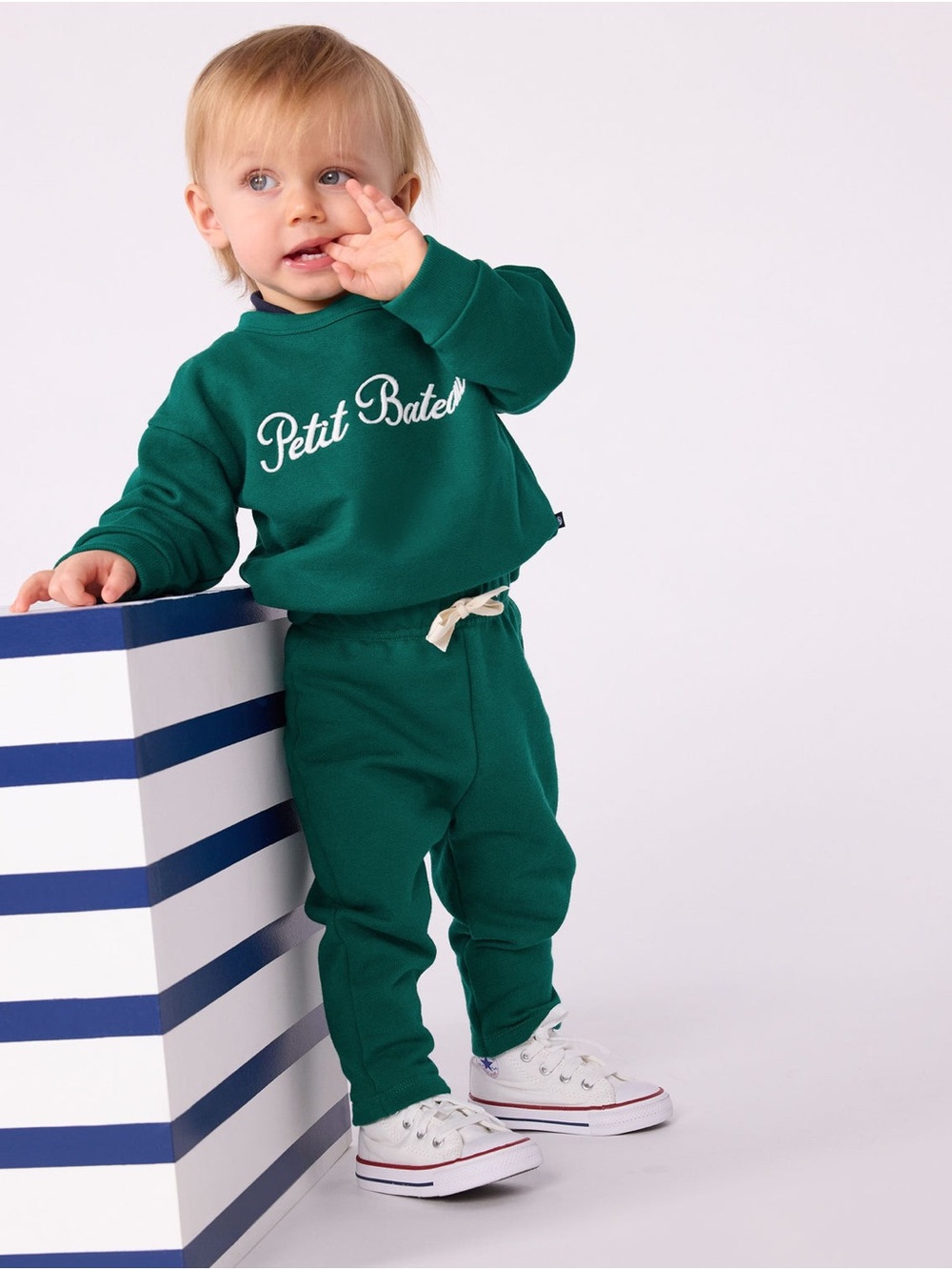 Petit Bateau 2-Piece Matching Set Evergreen Plain Cotton Sweatshirt Jogger Pants